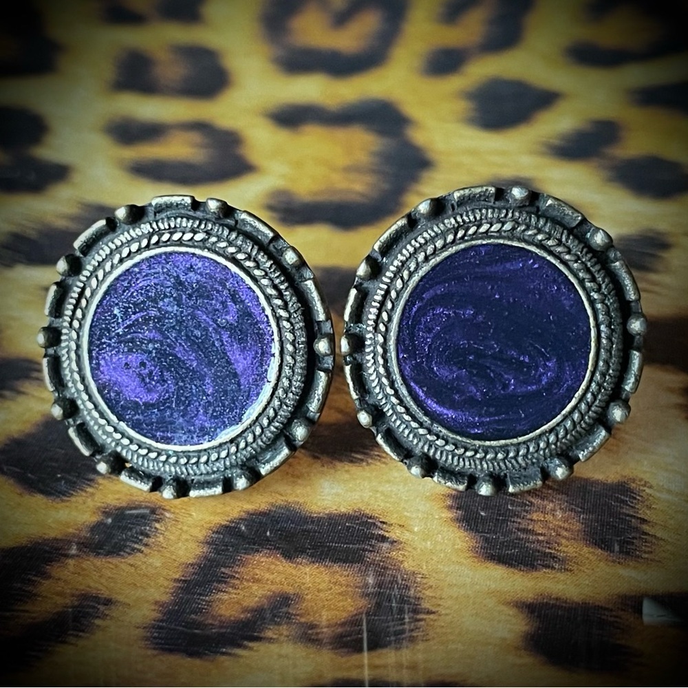 Vintage Purple Swirl Enamel Clip On Earrings